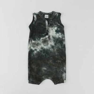 Black & White Tie-Dye Rib Knit Summer Henley Shorts Romper - Twinkle Twinkle Little One