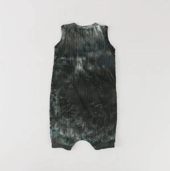 Black & White Tie-Dye Rib Knit Summer Henley Shorts Romper - Twinkle Twinkle Little One