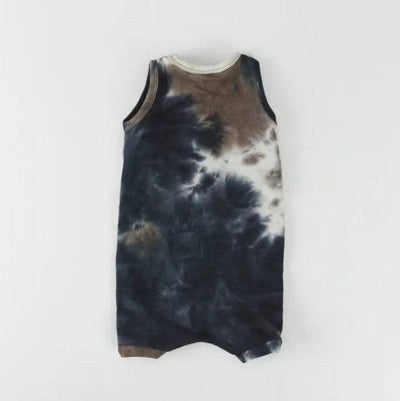 Brown, Navy & Cream Tie-Dye Rib Knit Summer Henley Shorts Romper - Twinkle Twinkle Little One