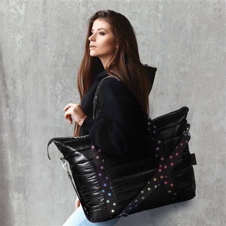 Black Puffer Tote Bag with Scatter Star Straps - Twinkle Twinkle Little One