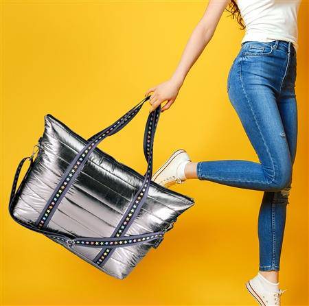 Gunmetal Puffer Tote Bag with Multi Star Straps - Twinkle Twinkle Little One