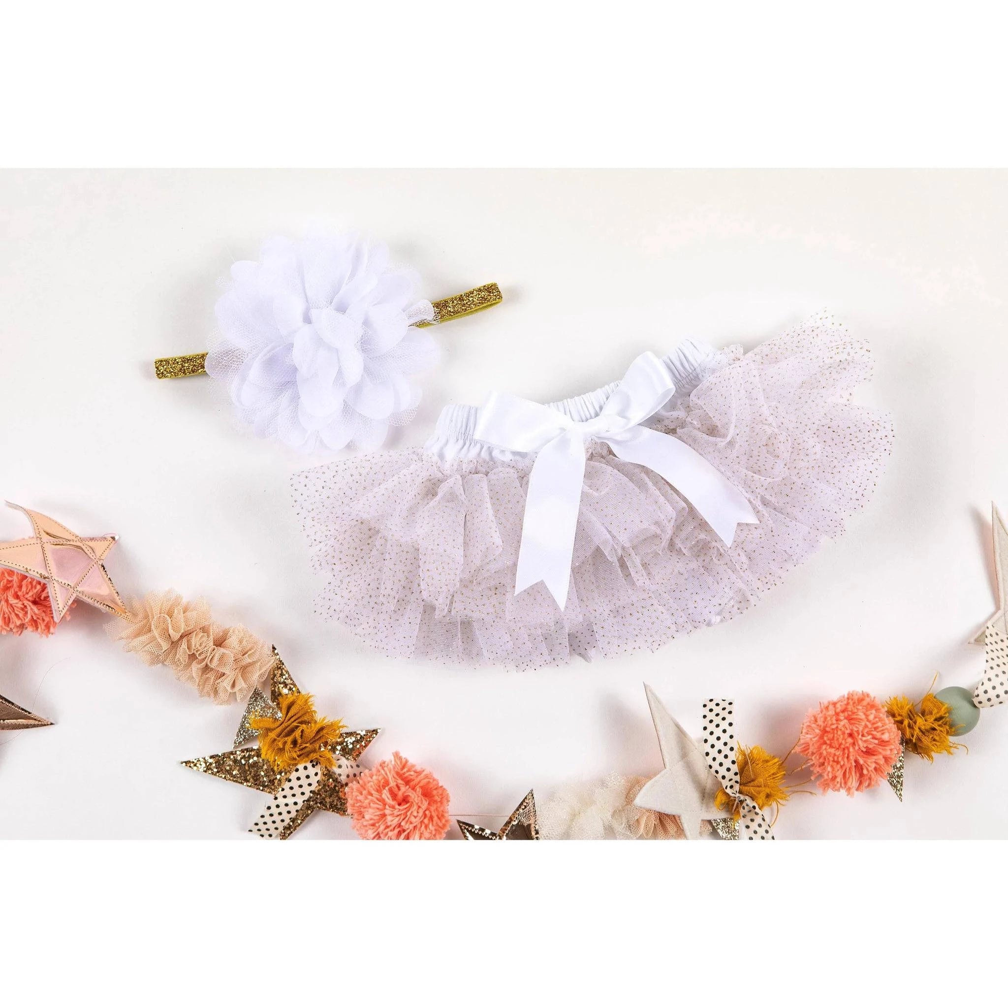 White, Gold Glitter Tutu Bloomer & Headband Set - Newborn - Twinkle Twinkle Little One