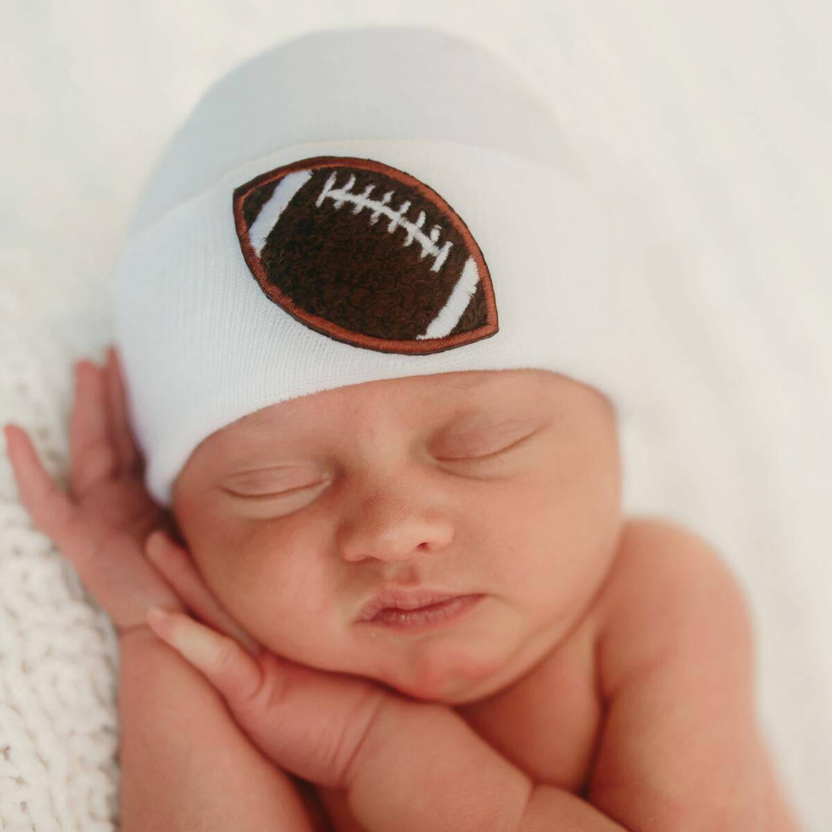 White Newborn Football Patch Hospital Hat - Twinkle Twinkle Little One