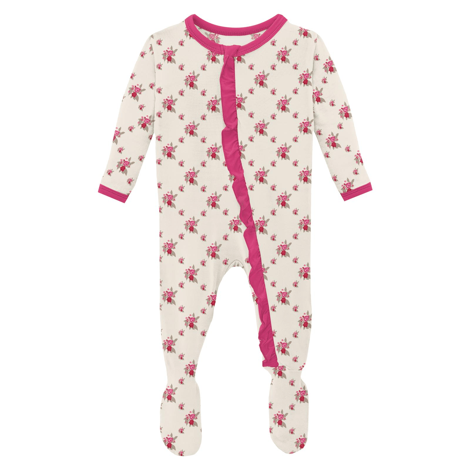 Classic Ruffle Footie with Zipper in Natural Rose Trellis - Twinkle Twinkle Little One