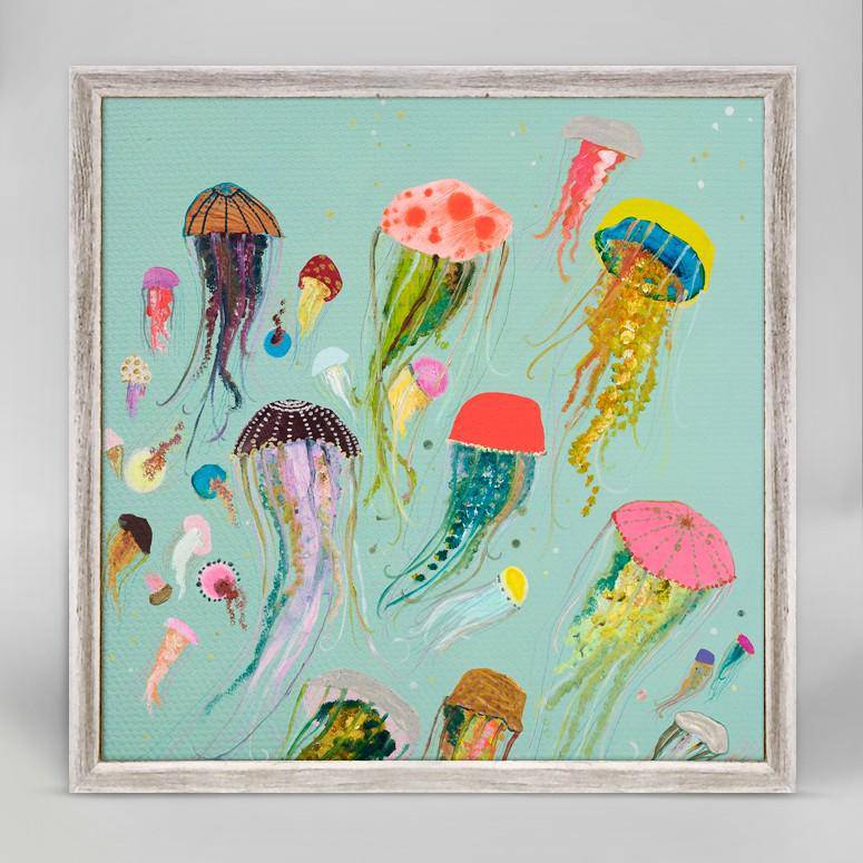 Floating Jellyfish Aqua Mini Framed Canvas