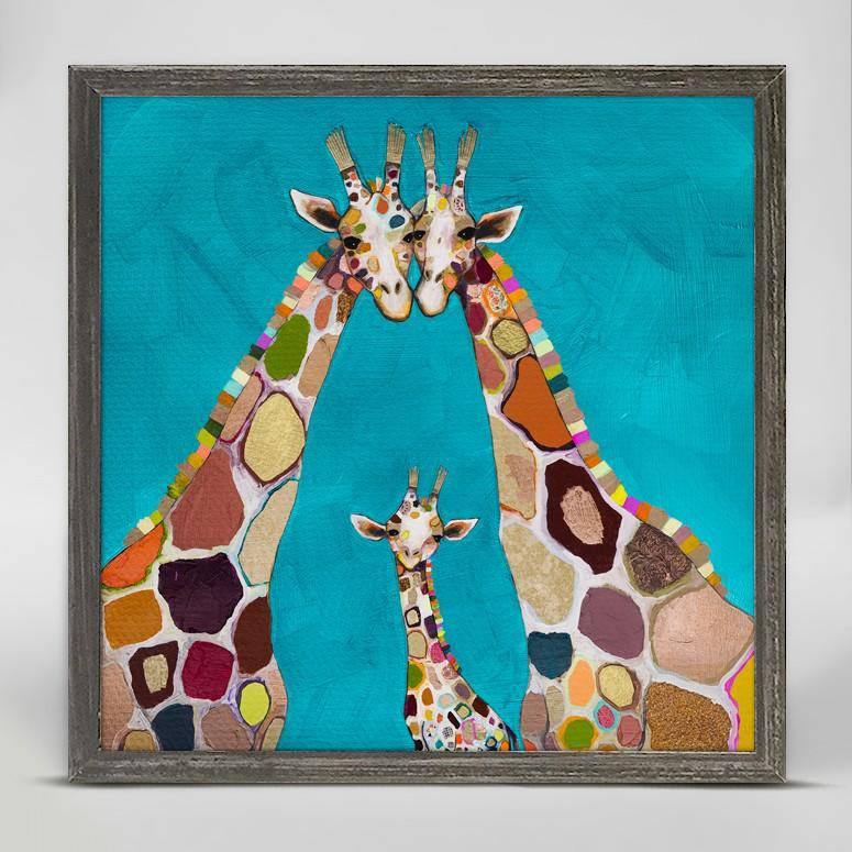Giraffe Family In Turquoise Mini Framed Canvas