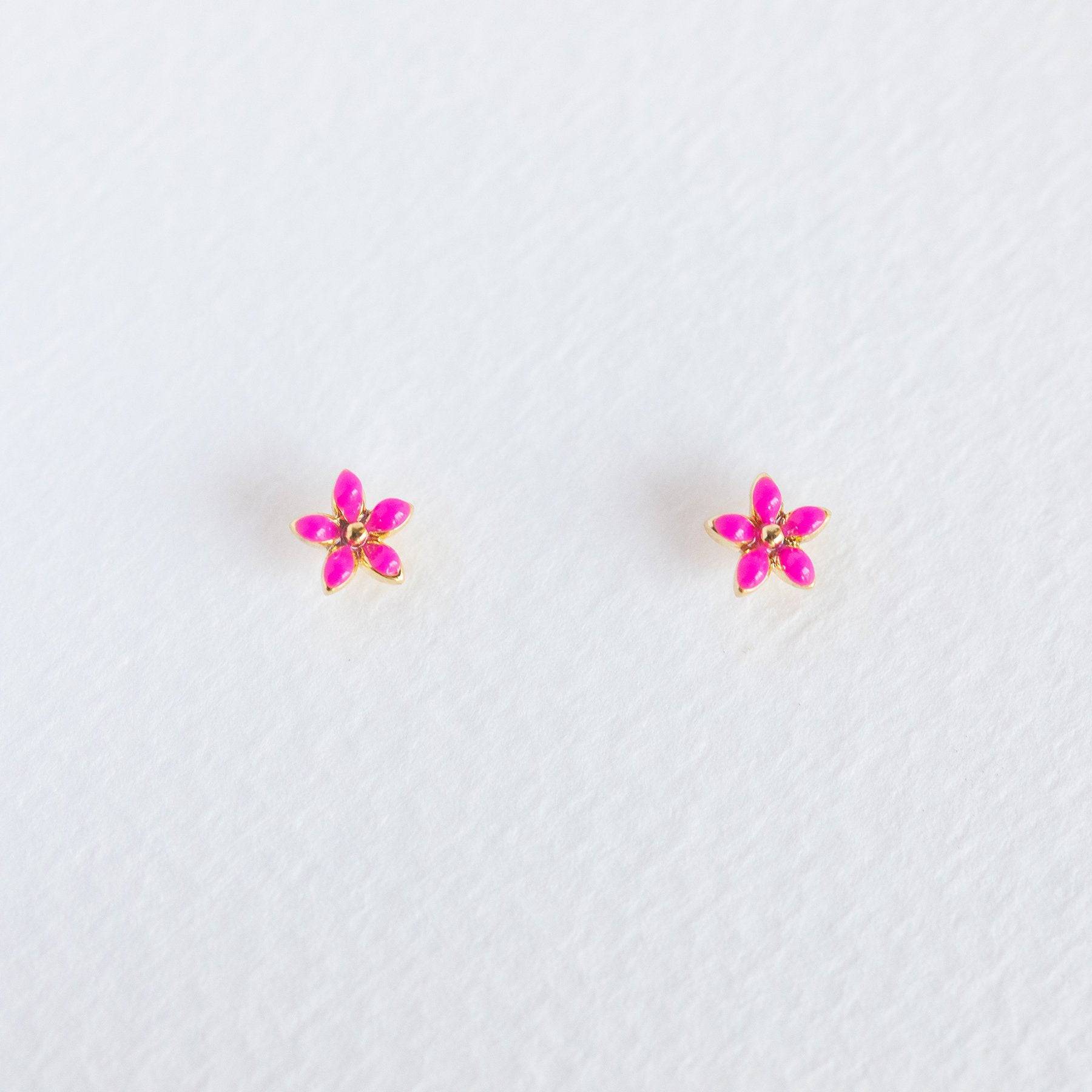 Hot Pink Enamel Flower Studs - Gold - Twinkle Twinkle Little One