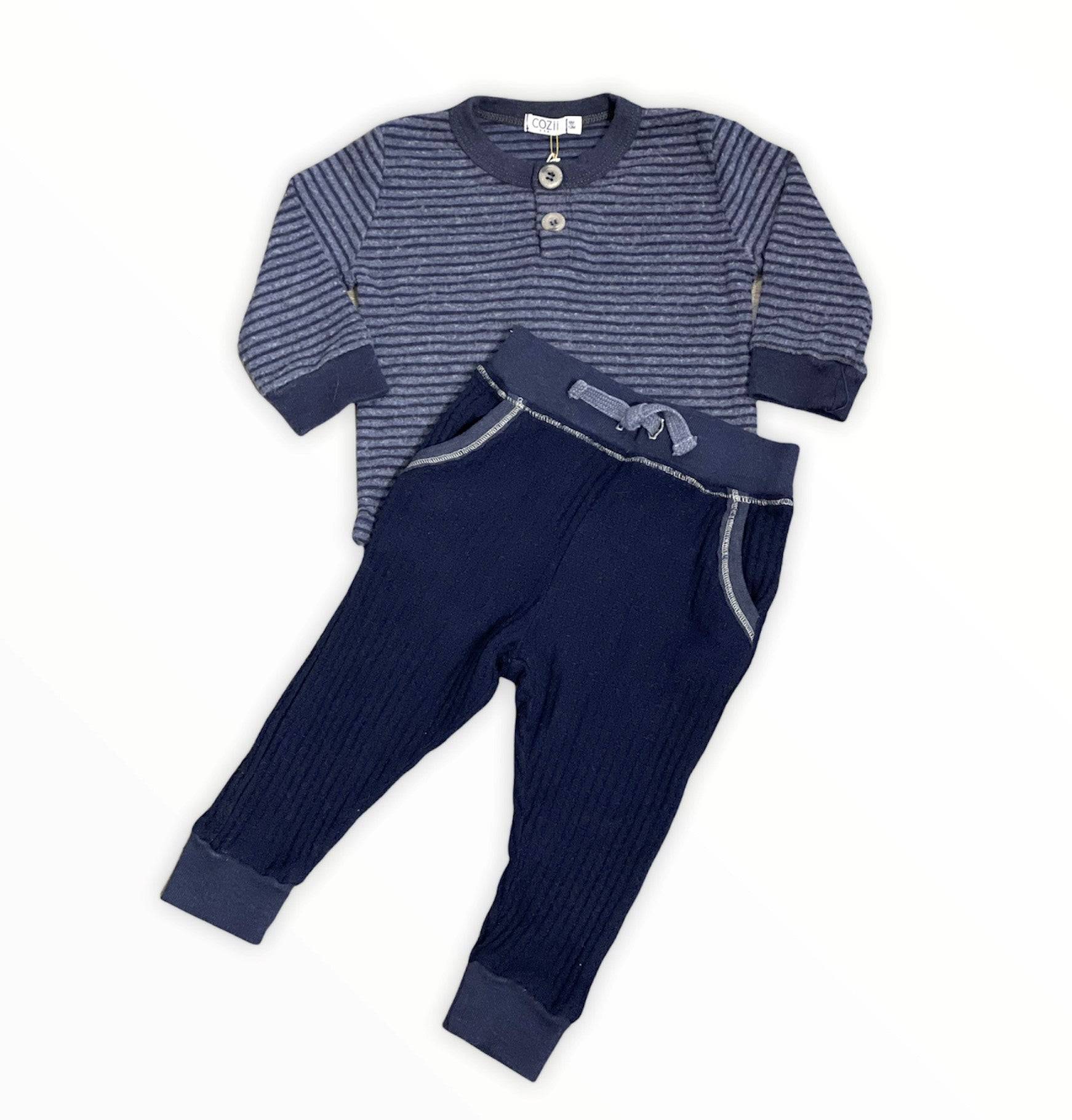 Hacci Stripe Long Sleeve Shirt & Thermal Pant Set - Twinkle Twinkle Little One