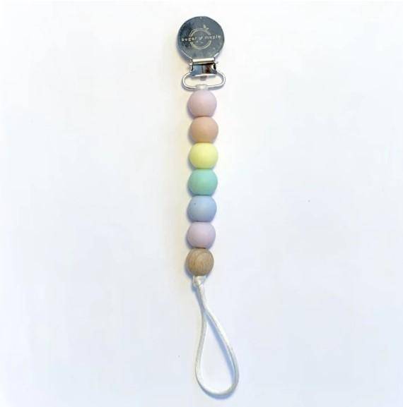 Pacifier + Teether Clip- Silicone with 1 Beechwood Bead - Rainbow Pastel - Twinkle Twinkle Little One