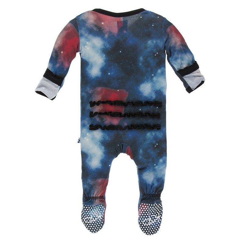 Print Muffin Ruffle Footie with Zipper in Red Ginger Galaxy