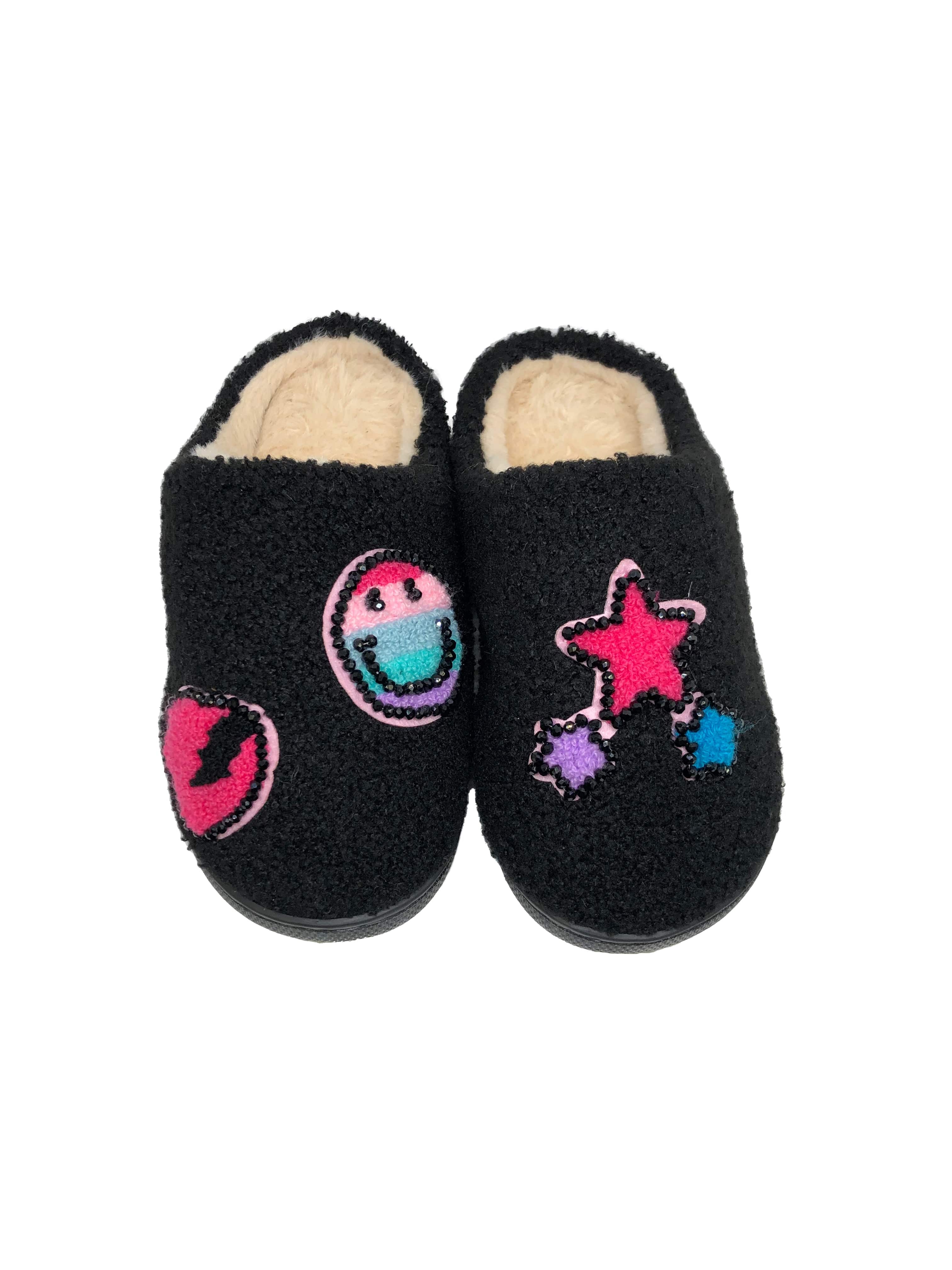 Girl's Embroidered Black Sherpa Patched Slippers - Twinkle Twinkle Little One