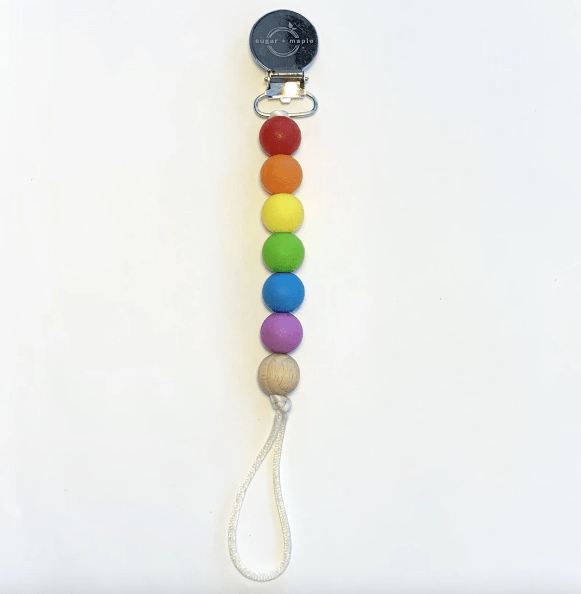 Pacifier + Teether Clip- Silicone with 1 Beechwood Bead - Rainbow Primary - Twinkle Twinkle Little One