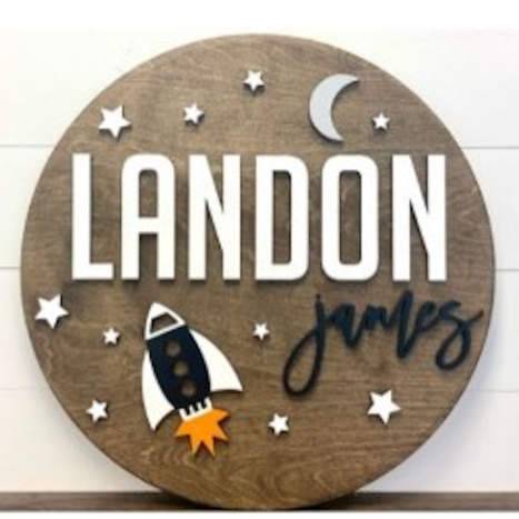 Round Personalized Wood Name Sign | Space Ship - Twinkle Twinkle Little One