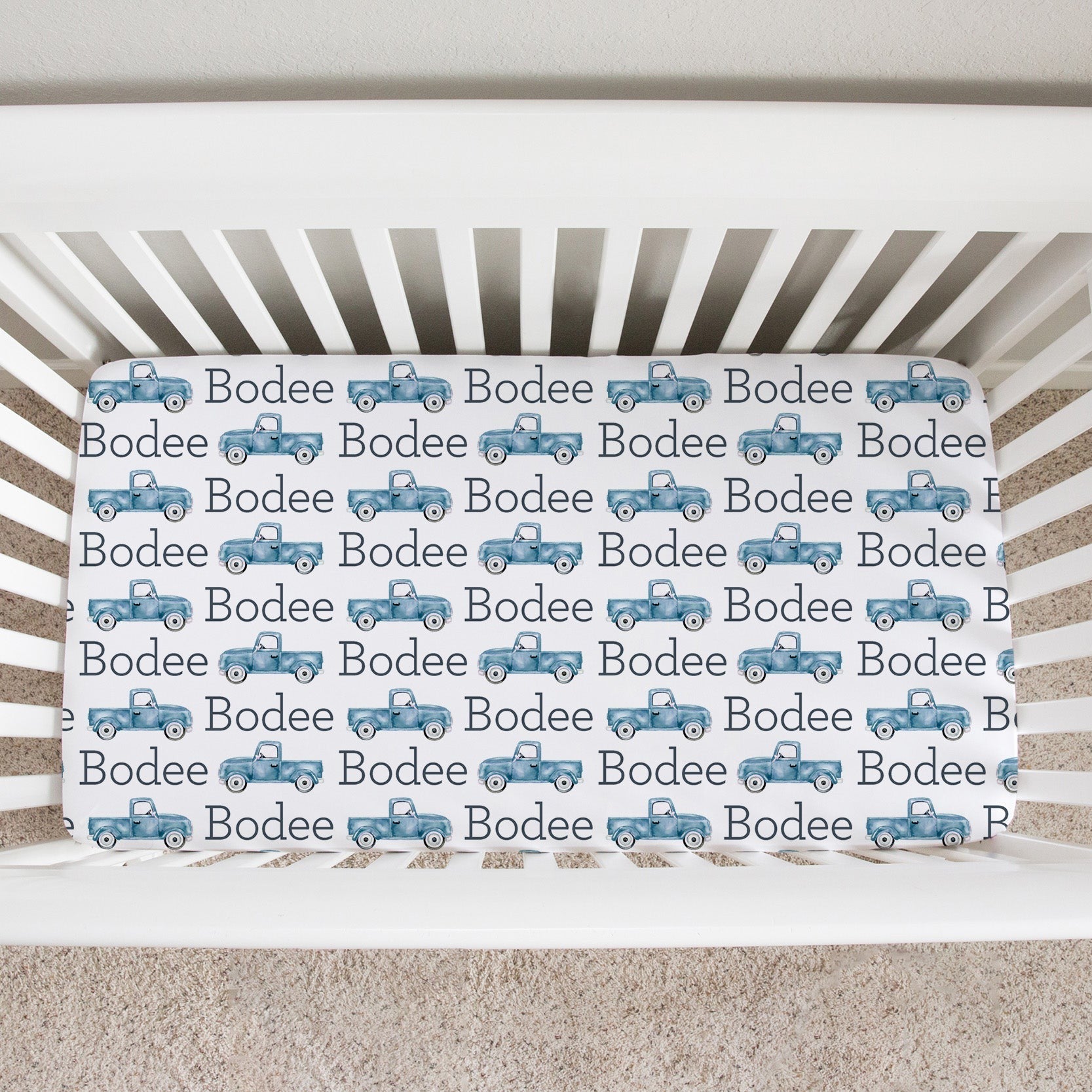 Sugar + Maple Personalized Crib Sheet | Trucks - Twinkle Twinkle Little One