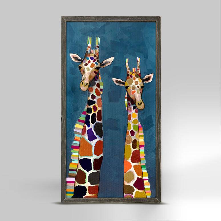 Two Giraffes on Blue Mini Framed Canvas