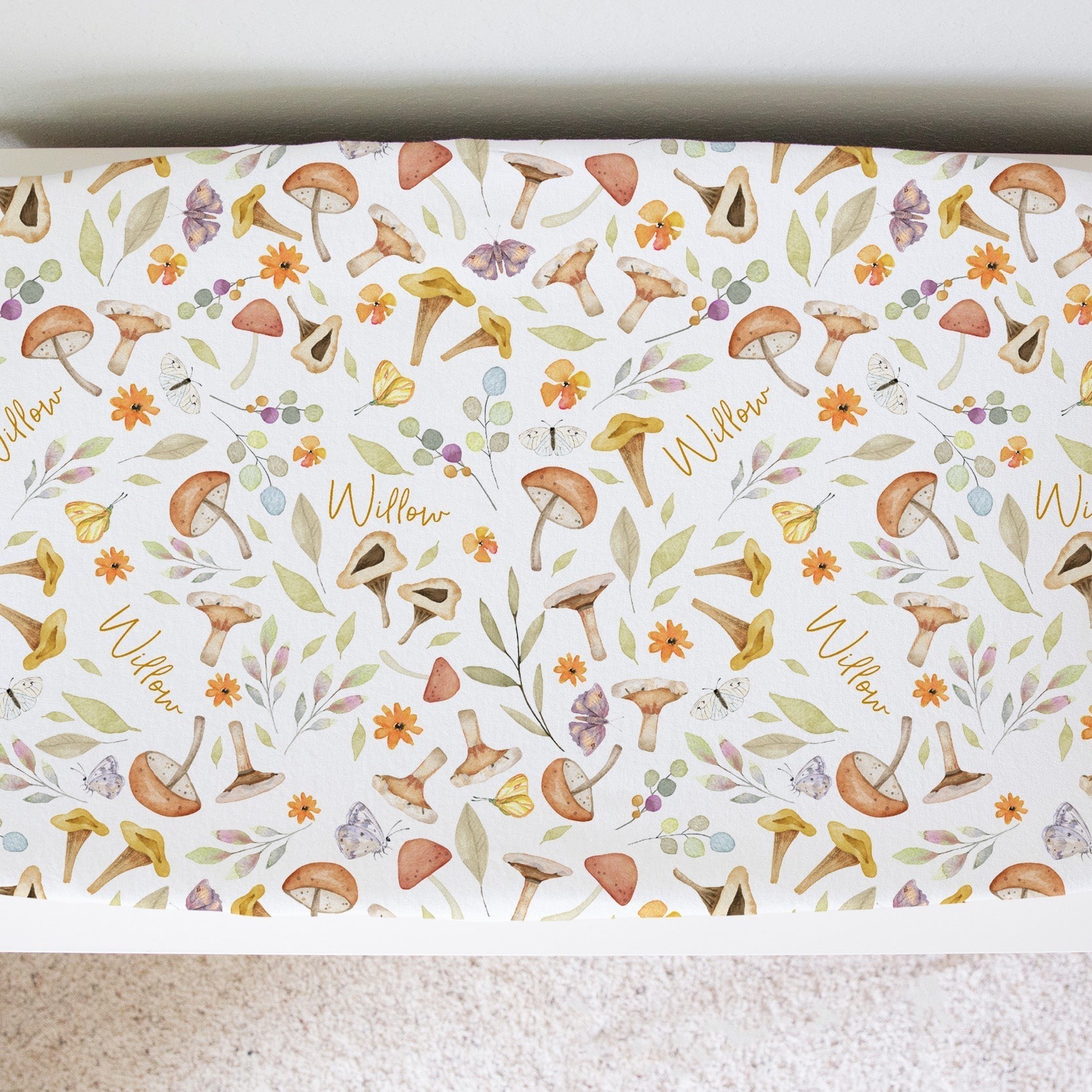 Sugar + Maple Personalized Changing Pad Cover | Whimsical Mushroom - Twinkle Twinkle Little One