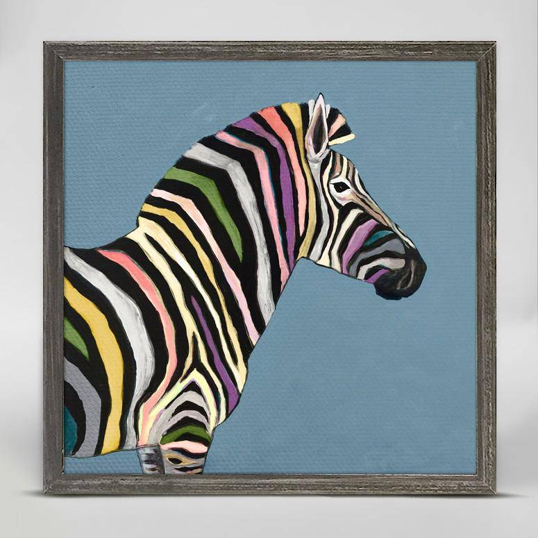 Wild Zebra on Blue Mini Framed Canvas